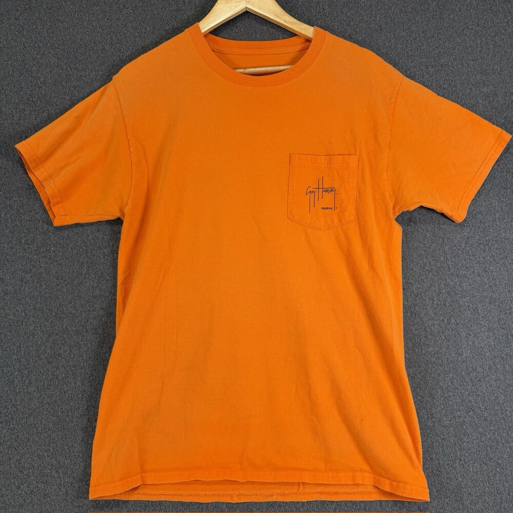 Guy Harvey AFTCO Bluewater Sailfish Pocket T-Shirt Mens M Orange Fishing Tee